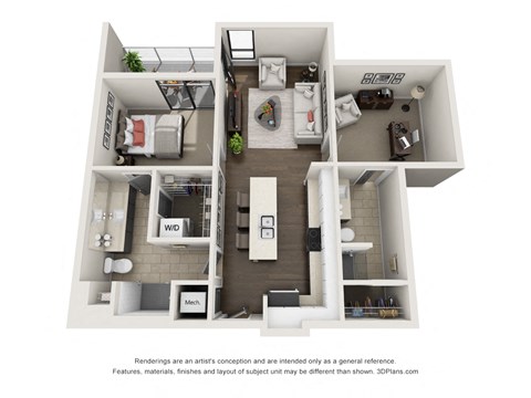 Floor plan for 1 bed, 1 bath, 890 sqft